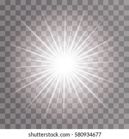 White glowing light burst explosion with transparent. Vector illustration for cool effect decoration with ray sparkles. Bright star. Transparent shine gradient glitter, bright flare. Glare texture.