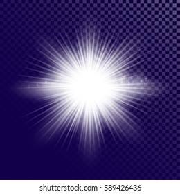 White glowing light burst explosion with transparent. Vector illustration for decoration with ray sparkles. Bright star. 