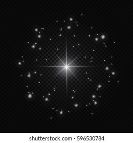 White glowing light burst explosion with transparent. Vector illustration for cool effect decoration with ray sparkles. Bright star. Transparent shine gradient glitter, bright flare. Glare texture.