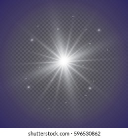 White glowing light burst explosion with transparent. Vector illustration for cool effect decoration with ray sparkles. Bright star. Transparent shine gradient glitter, bright flare. Glare texture.