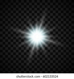 White glowing light burst explosion with transparent. Vector illustration for cool effect decoration with ray sparkles. Bright star. Transparent shine gradient glitter, bright flare. Glare texture.