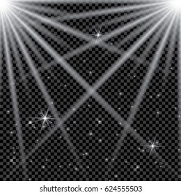 White glowing light burst explosion with transparent. Vector illustration for cool effect decoration with ray sparkles. Bright star. Transparent shine gradient glitter, bright flare. Glare texture.