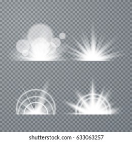 White glowing light burst explosion with transparent. Vector illustration for cool effect decoration with ray sparkles. Bright star. Transparent shine gradient glitter, bright flare. Glare texture.