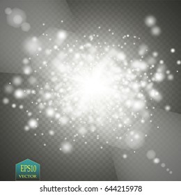 White glowing light burst explosion with transparent. Vector illustration for cool effect decoration with ray sparkles. Bright star. Transparent shine gradient glitter, bright flare. Glare texture.