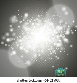 White glowing light burst explosion with transparent. Vector illustration for cool effect decoration with ray sparkles. Bright star. Transparent shine gradient glitter, bright flare. Glare texture.