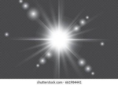 White glowing light burst explosion with transparent. Vector illustration for cool effect decoration with ray sparkles. Bright star. Transparent shine gradient glitter, bright flare. Glare texture.