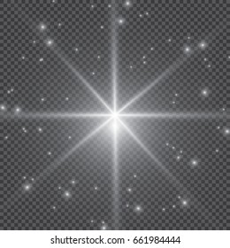 White glowing light burst explosion with transparent. Vector illustration for cool effect decoration with ray sparkles. Bright star. Transparent shine gradient glitter, bright flare. Glare texture.