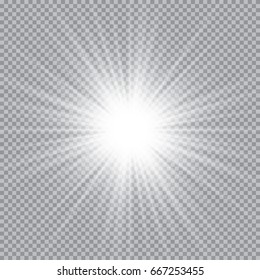 White glowing light burst explosion with transparent. Vector illustration for cool effect decoration with ray sparkles. Bright star. Transparent shine gradient glitter, bright flare. Glare texture.