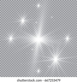 White glowing light burst explosion with transparent. Vector illustration for cool effect decoration with ray sparkles. Bright star. Transparent shine gradient glitter, bright flare. Glare texture.