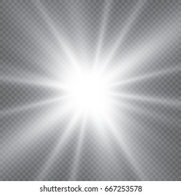 White glowing light burst explosion with transparent. Vector illustration for cool effect decoration with ray sparkles. Bright star. Transparent shine gradient glitter, bright flare. Glare texture.