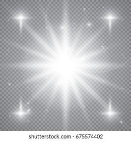 White glowing light burst explosion with transparent. Vector illustration for cool effect decoration with ray sparkles. Bright star. Transparent shine gradient glitter, bright flare. Glare texture.