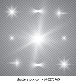 White glowing light burst explosion with transparent. Vector illustration for cool effect decoration with ray sparkles. Bright star. Transparent shine gradient glitter, bright flare. Glare texture.