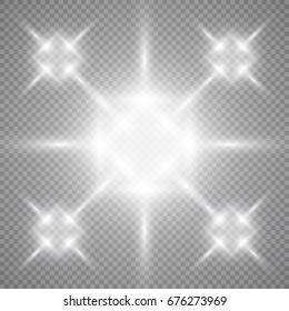 White glowing light burst explosion with transparent. Vector illustration for cool effect decoration with ray sparkles. Bright star. Transparent shine gradient glitter, bright flare. Glare texture.