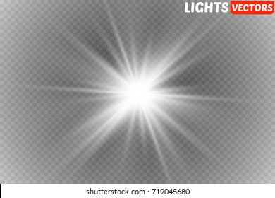 White glowing light burst explosion with transparent. Vector illustration for cool effect decoration with ray sparkles. Bright star.