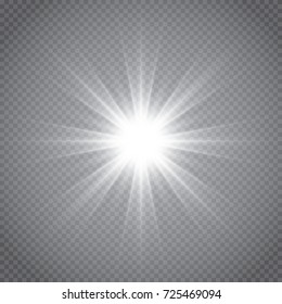 White glowing light burst explosion with transparent. Vector illustration for cool effect decoration with ray sparkles. Bright star. Transparent shine gradient glitter, bright flare. Glare texture.