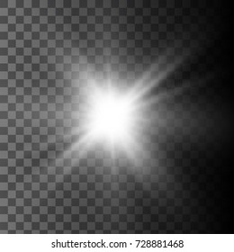 White glowing light burst explosion on transparent background. Vector illustration.