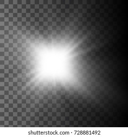 White glowing light burst explosion on transparent background. Vector illustration.