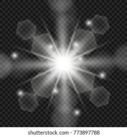 White glowing light burst explosion with transparent. Vector illustration for cool effect decoration with ray sparkles. Bright star. Transparent shine gradient glitter, bright flare. Glare texture.