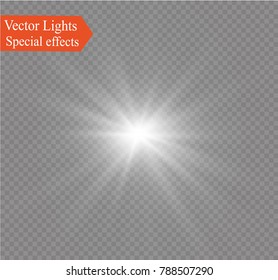 White glowing light burst explosion on transparent background. Vector illustration light effect decoration with ray. Bright star. Translucent shine sun, bright flare.Center vibrant flash.star and sun