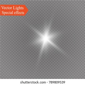 White glowing light burst explosion on transparent background. Vector illustration light effect decoration with ray. Bright star. Translucent shine sun, bright flare.Center vibrant flash.star and sun