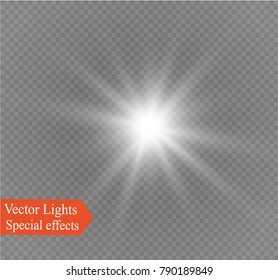 White glowing light burst explosion on transparent background. Vector illustration light effect decoration with ray. Bright star. Translucent shine sun, bright flare.Center vibrant flash.star and sun