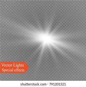 White glowing light burst explosion on transparent background. Vector illustration light effect decoration with ray. Bright star. Translucent shine sun, bright flare.Center vibrant flash.star and sun