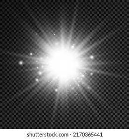 White glowing light burst on a transparent background, sun rays, star burst with brilliance, glow bright star, light effect, flare of sunshine with rays, vector illustration, eps 10