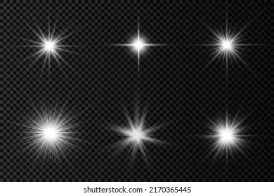 White Glowing Light Burst On A Transparent Background, Sun Rays, Star Burst With Brilliance, Glow Bright Star, Light Effect, Flare Of Sunshine With Rays, Vector Illustration, Eps 10