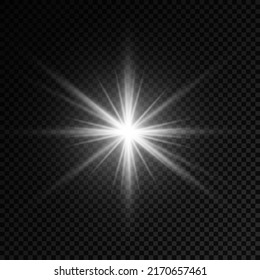 La luz blanca resplandeciente se enciende sobre un fondo transparente, los rayos solares, la estrella resplandeciente con brillo, el efecto luminoso, el resplandor del sol con rayos, la ilustración vectorial, eps 10