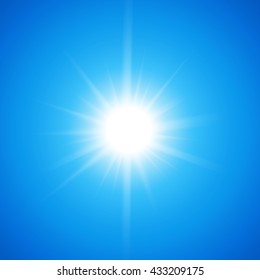 White glowing light burst sun on blue sky background. Vector illustration for cool effect decoration with ray sparkles. Bright star. Transparent shine gradient glitter, bright flare. Glare texture.