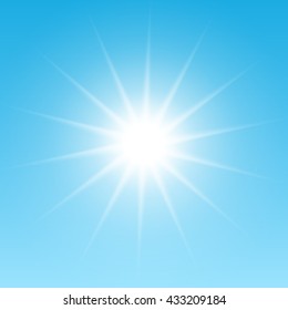 White glowing light burst sun on blue sky background. Vector illustration for cool effect decoration with ray sparkles. Bright star. Transparent shine gradient glitter, bright flare. Glare texture.