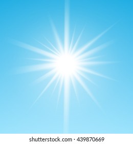 White glowing light burst sun on blue sky background. Vector illustration for cool effect decoration with ray sparkles. Bright star. Transparent shine gradient glitter, bright flare. Glare texture.