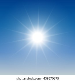 White glowing light burst sun on blue sky background. Vector illustration for cool effect decoration with ray sparkles. Bright star. Transparent shine gradient glitter, bright flare. Glare texture.