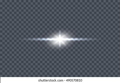 White glowing light burst. Vector illustration on transparent background. Design element with light effect. Horizontal flash light. For space science concepts, night sky, magic light illustrating