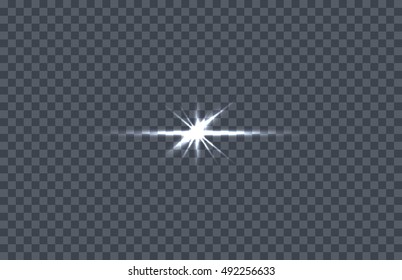 White glowing light burst. Vector illustration on transparent background. Design element with light effect. Horizontal flash light. For space science concepts, night sky, magic light illustrating