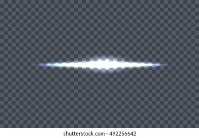 White glowing light burst. Vector illustration on transparent background. Design element with light effect. Horizontal flash light. For space science concepts, night sky, magic light illustrating