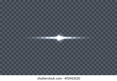 White glowing light burst. Vector illustration on transparent background. Design element with light effect. Horizontal flash light. For space science concepts, night sky, magic light illustrating    