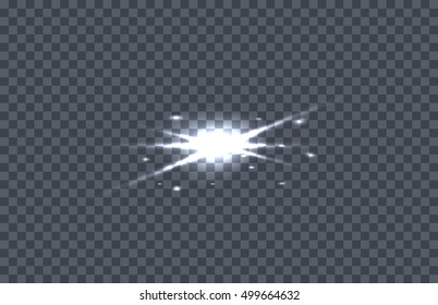 White glowing light burst. Vector illustration on transparent background. Design element with light effect. Horizontal flash light. For space science concepts, night sky, magic light illustrating