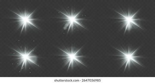 White glowing light effects with sparkles and highlights. On transparent background
