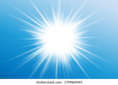 La luz blanca brillante estalla sobre un fondo azul. Partículas brillantes de polvo de hadas. Estrella brillante. Sol claro y transparente, flash brillante. Vector de brillo. Centrar un flash brillante