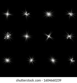 White glowing light explodes a black background. Sparkling magical dust particles. Bright Star. Transparent shining sun, bright flash. Vector sparkles.