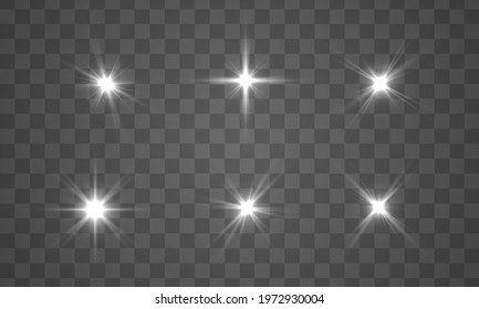 White glowing light explodes. Bright star. Sparkling magical dust particles. Flash of lightning. Abstract special effect element design. Lens flare, explosion, glitter, line, sun flash, spark. Vector.