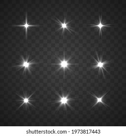 White glowing light explodes. Bright star. Flash of lightning. Abstract special effect element design. Sparkling magical dust particles. Lens flare, explosion, glitter, line, sun flash, spark. Vector.