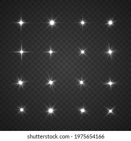 White glowing light explodes. Lens flare, explosion, glitter, line, sun flash, spark. Bright star. Flash of lightning. Abstract special effect element design. Sparkling magical dust particles. Vector.
