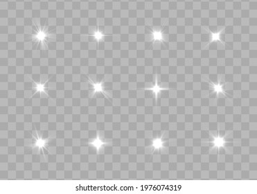 White glowing light explodes. Lens flare, explosion, glitter, line, sun flash, spark. Bright star. Flash of lightning. Abstract special effect element design. Sparkling magical dust particles. Vector.