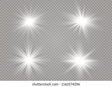 White glowing light explodes on a transparent background. Sparkling magical dust particles. Bright Star. Transparent shining sun, bright flash. Vector sparkles. To center a bright flash.