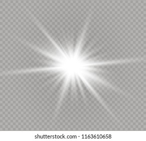 White glowing light explodes on a transparent background. Sparkling magical dust particles. Bright Star. Transparent shining sun, bright flash. Vector sparkles. To center a bright flash.