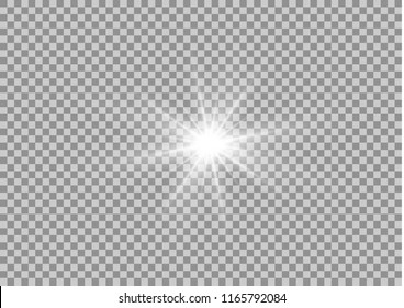 White glowing light explodes on a transparent background. Sparkling magical dust particles. Bright Star. Transparent shining sun, bright flash. Vector sparkles. To center a bright flash.
