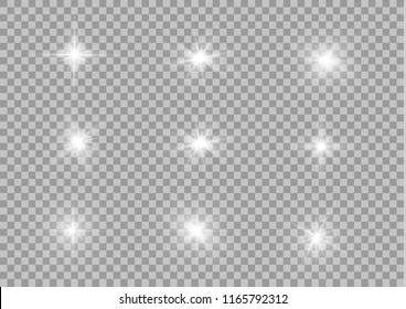 White glowing light explodes on a transparent background. Sparkling magical dust particles. Bright Star. Transparent shining sun, bright flash. Vector sparkles. To center a bright flash.