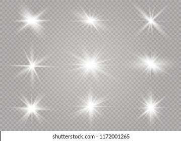 White glowing light explodes on a transparent background. Sparkling magical dust particles. Bright Star. Transparent shining sun, bright flash. Vector sparkles. To center a bright flash.